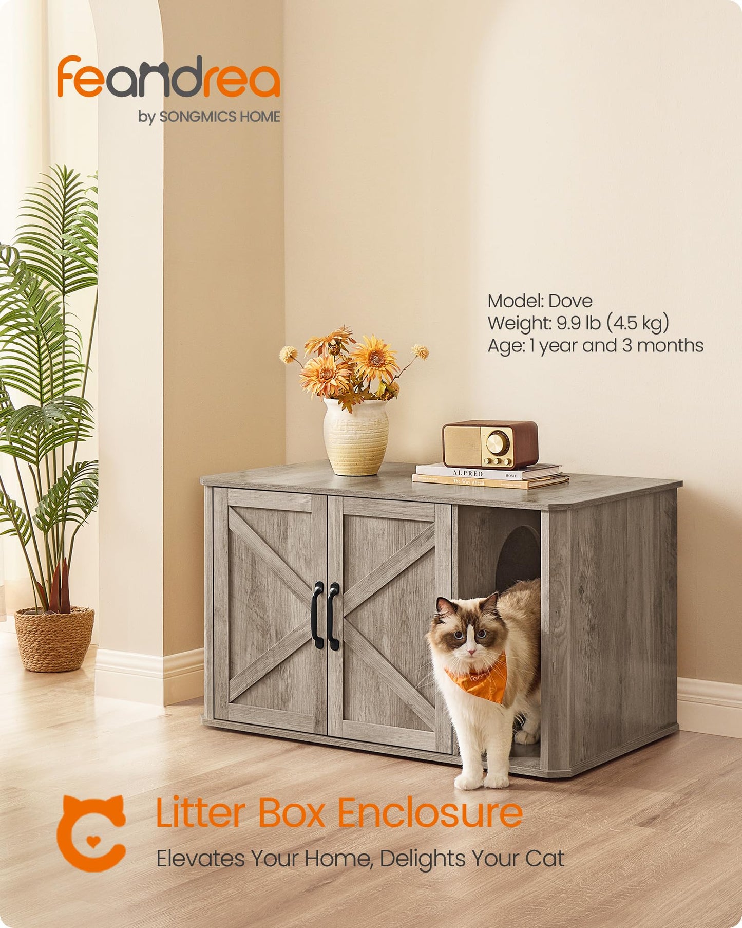 Feandrea Litter Box Enclosure, Modern Cat Litter Box Furniture Hidden, with Front Entry, Double Doors, Handles, Cat House, Side End Table, 33.5 x 19 x 19.5 Inches, Heather Greige UPCL012G01 - WoodArtSupply