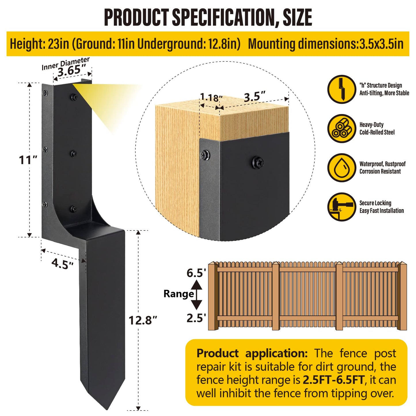 Epcee Heavy Duty Steel 4"x4" (Actual 3.6"x3.6") Fence Post Repair Kit, Fence Post Anchor Ground Spike, for Wooden Fence Post Repair and Wooden Fence - WoodArtSupply