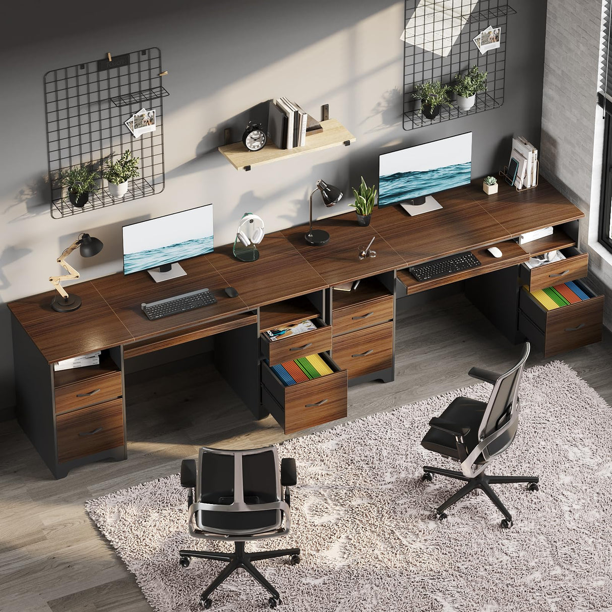 Bestier 59” Computer Desk with 4 Drawers, Office Desk with Storage, Industrial Executive Desk with File Drawer, Keyboard Tray & 2 Pedestals for Home Office & Studio, Cherry Bestier
