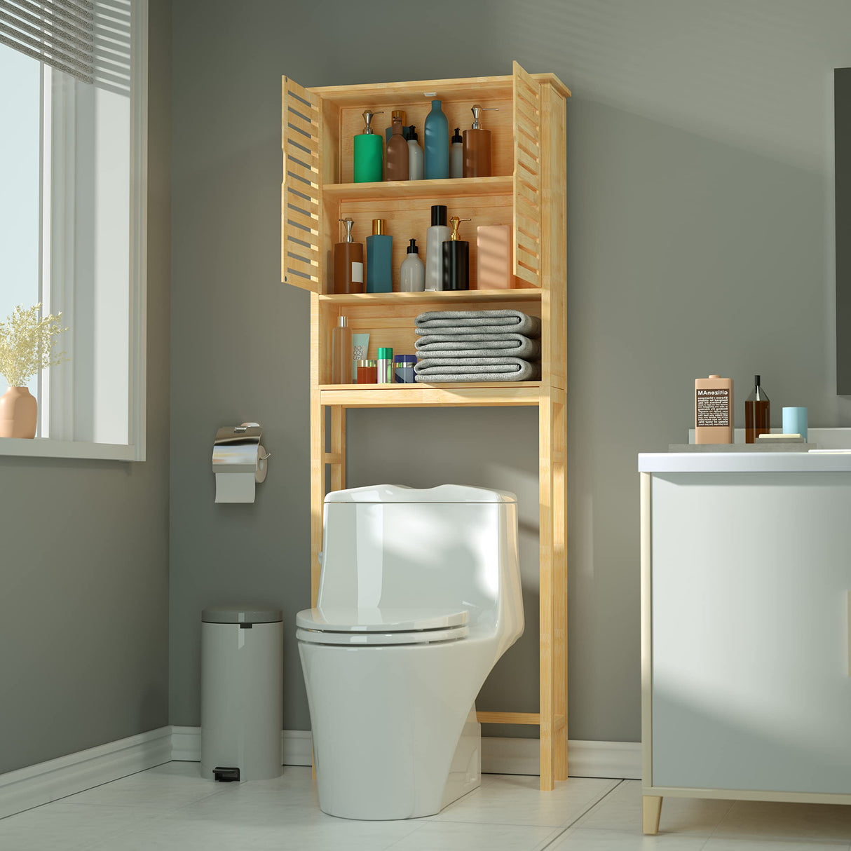 Bamboo Over-The-Toilet Storage Cabinet with Doors and Adjustable Shelves by MUPATER MUPATER