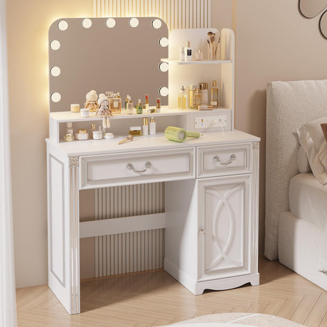Ylued Vanity Desk with Mirror and Lights Power Outlet, 39 inch Makeup Vanity with Charging Station, Mid-Century Modern Dressing Table with 2 Drawers for Bedroom, White Ylued