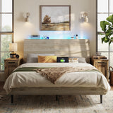 LINSY Ergonomic Queen Bed Frame with RGB Lights, Storage Headboard & Charger - Beige Farmhouse Design LINSY