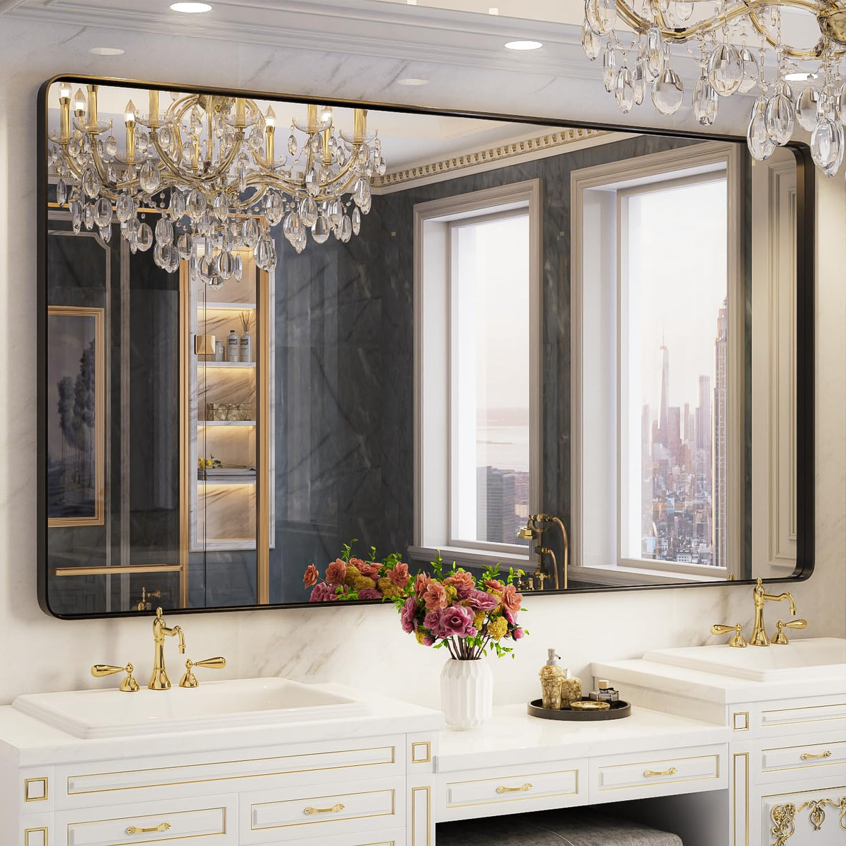 Yamazakura Large Bathroom Mirror for Wall, 72x40 Inch Matte Black Framed Bathroom Vanity Mirror for Farmhouse Living Room Bedroom, Anti-Rust, Tempered Glass, Rounded Corner, Horizontal/Vertical Yamazakura