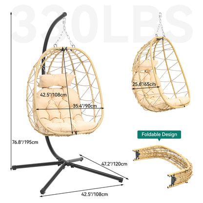 YITAHOME Hanging Egg Chair with Stand Swing Chair Wicker Indoor Outdoor Hammock Egg Chair with Cushions 330lbs for Patio, Bedroom, Garden and Balcony, Single, Beige