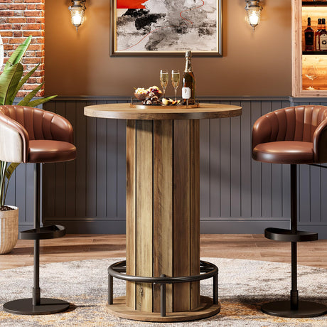 Tribesigns Round Bar Table, 39.4" H Wood Bistro Pub Table with Metal Ring Footrest for Dining Coffee Cocktail Living Room, Small Space, Brown(Only Table) Tribesigns