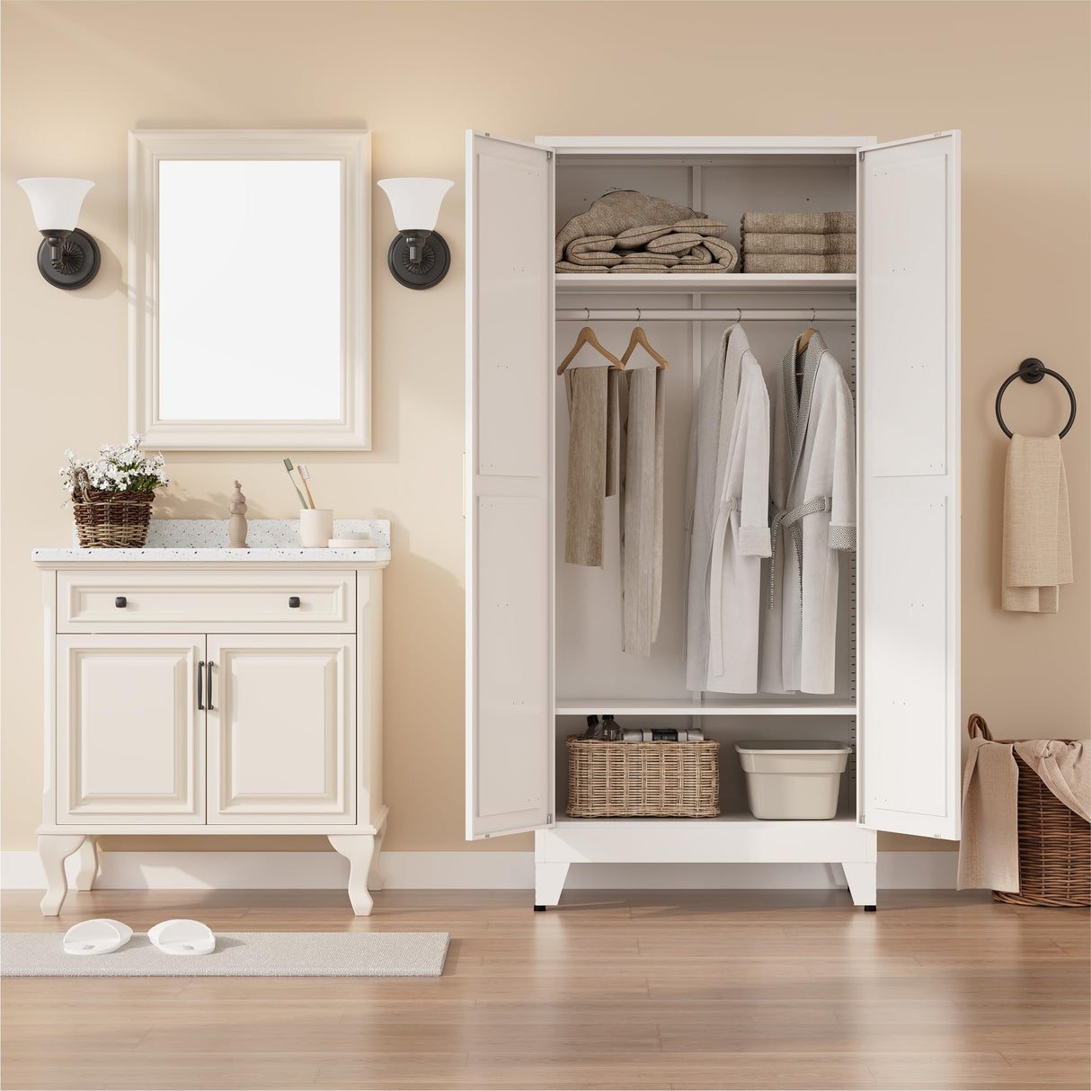 XIUSVON Metal armoire Wardrobe Closet with Hanging Rod,71'' Metal Wardrobe Cabinet with 2 Doors and 2 Adjustable Shelves, Bedroom armoires,Laundry Room cabinets,armario de ropa Closet(Classic, White) XIUSVON