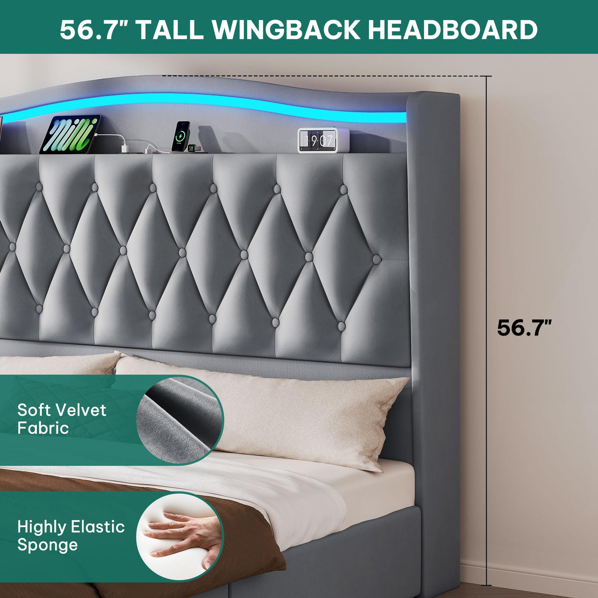 YITAHOME King Size Bed Frame with 4 Storage Drawers and RGB LED Lights, 57'' Tall Headboard Velvet Upholstered Bed with Charging Station, No Box Spring Needed, Easy Assembly, Noise-Free, Grey YITAHOME