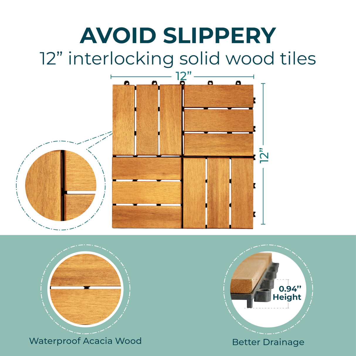 CLOVERHOLM Interlocking Deck Tiles - Waterproof 12”x12” Acacia Wood Tiles, Patio Tiles for Indoor and Outdoor, Garden, Roof Terrace Tiles, 12 Slats Checker Pattern (10Pcs, Teak, 12x12 inches) CLOVERHOLM