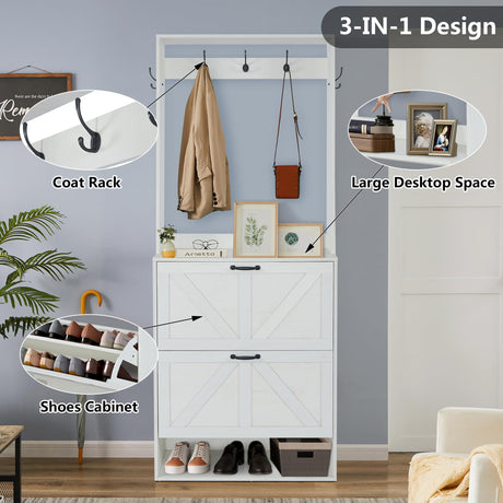 Betoko Hall Tree with Shoes Storage,Farmhouse Entryway Coat Rack Wooden Hallway Mudroom Tree Bench Corner Tree Cabinet with 5 Coat Hooks & 2 Shoes Cabinets and Open Shelf(Rustic White) Betoko
