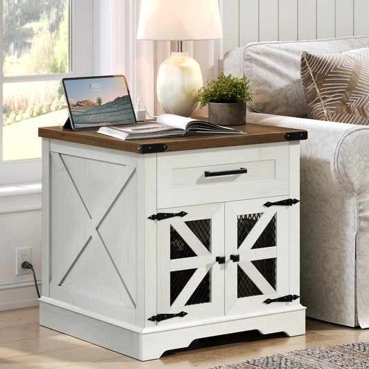 RALGEND White Farmhouse End Table with Charging Station, 24" Large Sofa Side Table with Drawer, Large End Table for Living Room, Wooden Nightstand with Outlet, Square, White and Walnut 66BZUW - WoodArtSupply