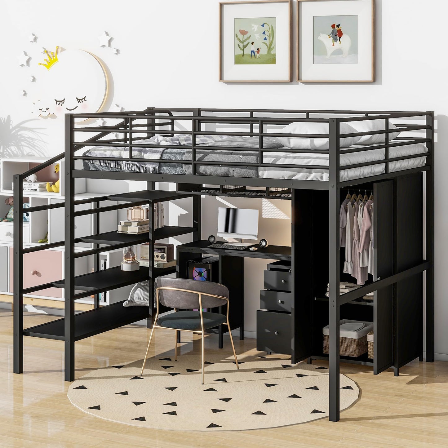 Ziraukon Full Loft Bed with Stairs, Metal Bed Frame Full Size with Desk and Wardrobe, Heavy-Duty High Loft Bedframe, Loft Bed Full Size Adults, Black