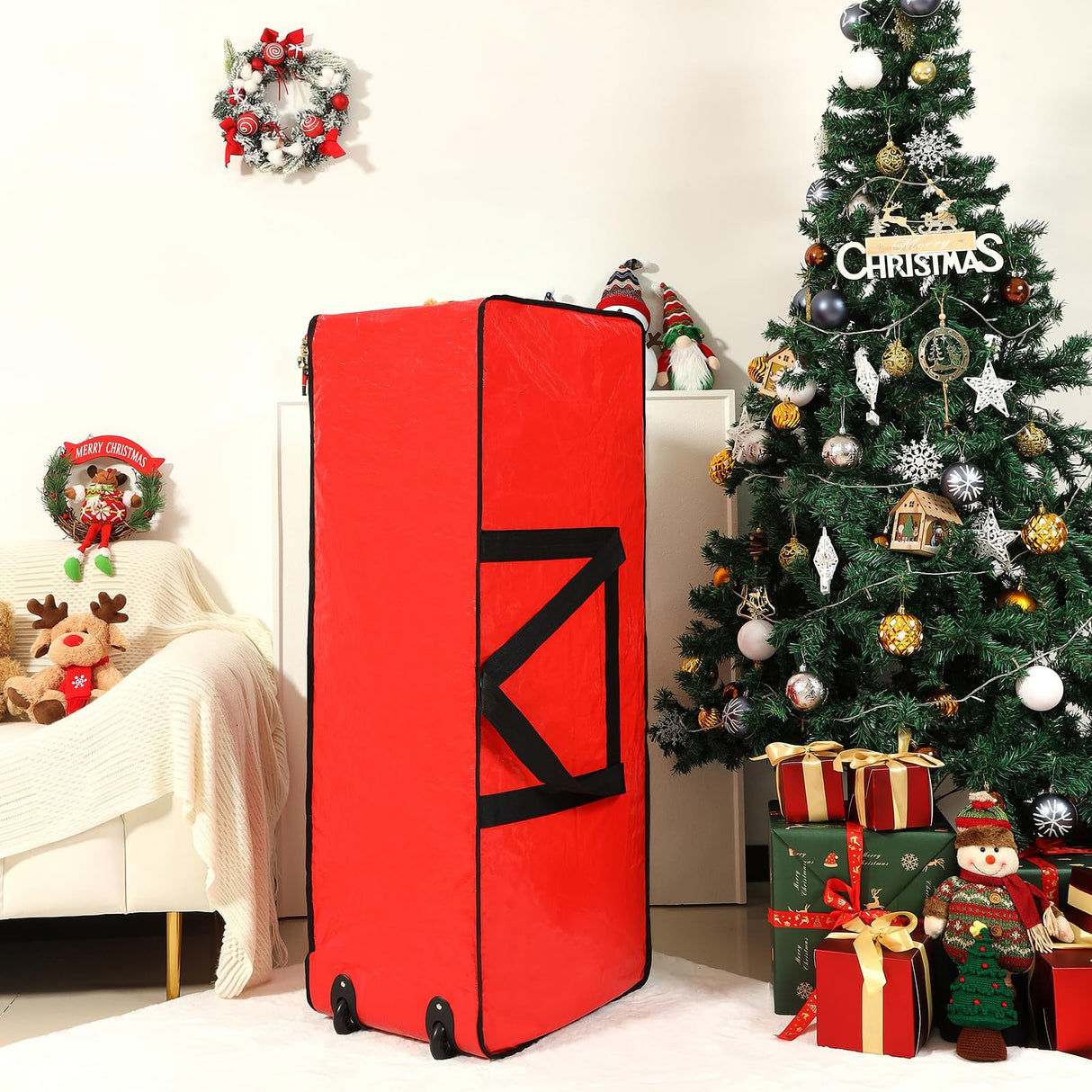 HOMEST Christmas Tree Storage Bag, Fits for 7.5 ft Artificial Xmas Tree, Zippered Christmas Tree Bag with Reinforced Carrying Handles and Wheels, Red (Bag Only) HOMEST