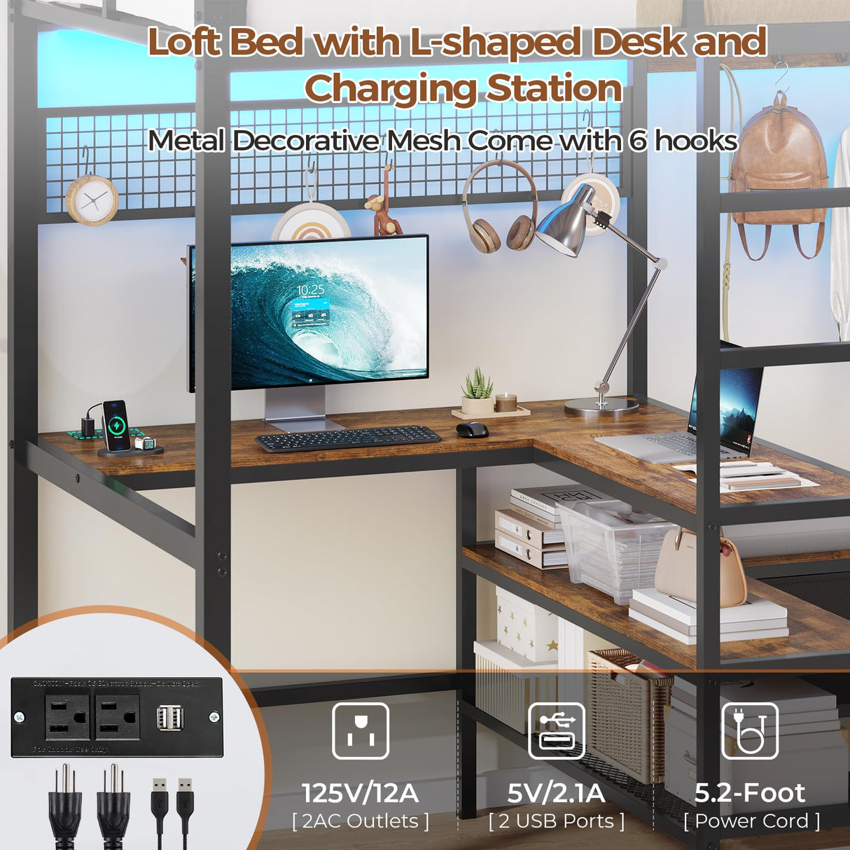 DICTAC Twin Loft Bed with L-Shaped Desk and Charging Station Twin Size Metal Bed Frame with LED Lights,Storage Shelves and Coat Rack with 2 Storage Drawers,Top Bunk with Safety Guard & Stair, Black DICTAC