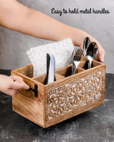 Mie Creations 4 Compartment Wooden Silverware Caddy Utensil Holder, Farmhouse Cutlery Flatware Organizer, Decorative Wood Caddy with Metal Handles for Kitchen Countertop, Picnic, Buffet Party- White Mie Creations