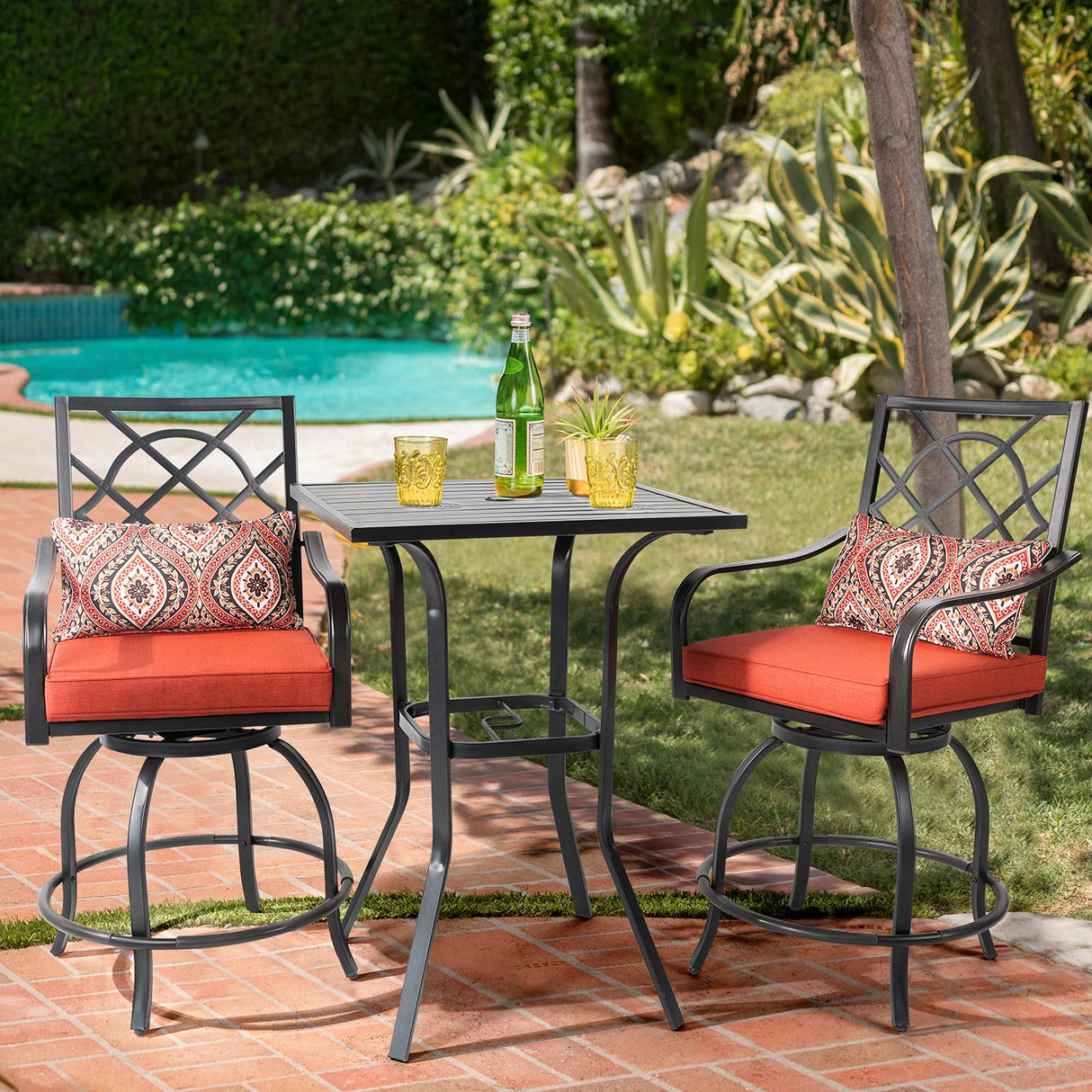 Omelaza Patio Height Bar Table, Outdoor Bistro Square High Top Dining Table with 1.57'' Umbrella Hole & Steel Slat Table Top (Black) Omelaza