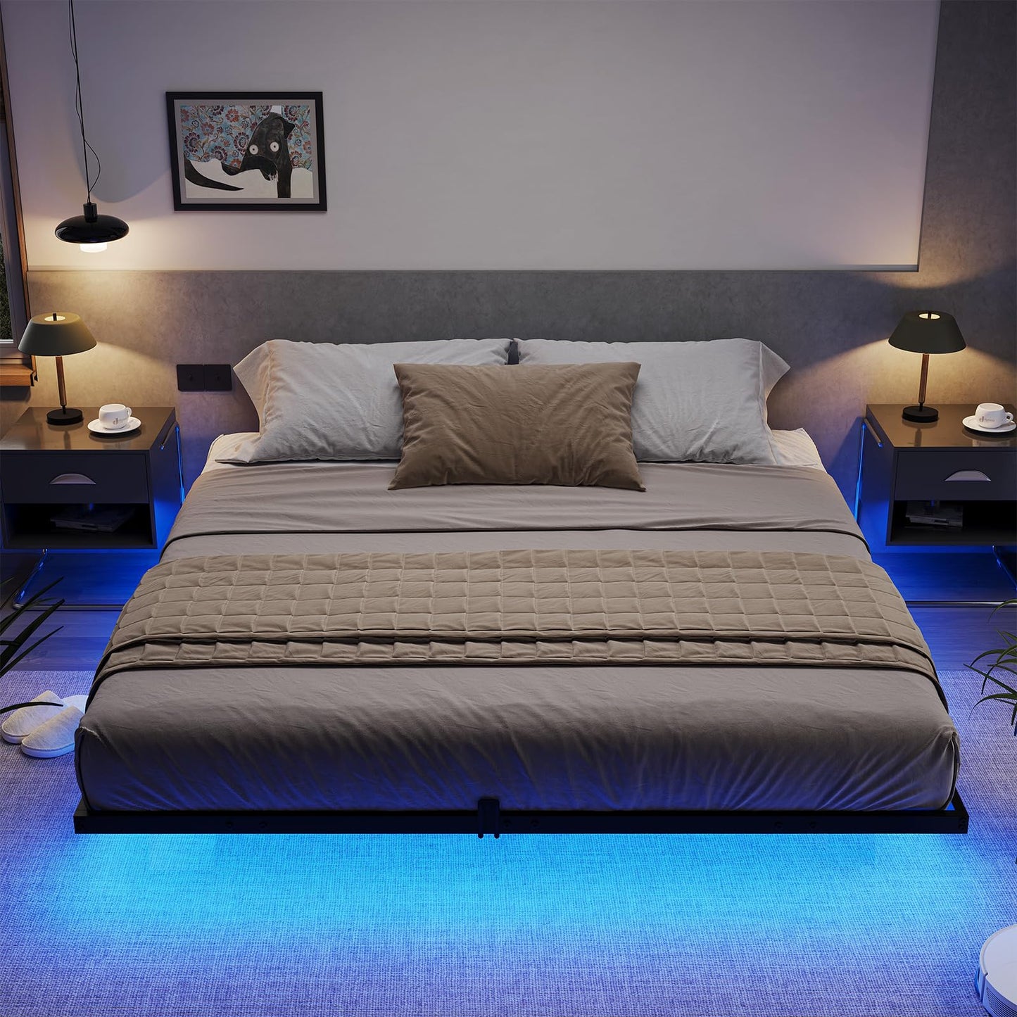 DICTAC King Size Floating Bed Frame with LED Lights and Heavy Duty Steel Support, Black - WoodArtSupply