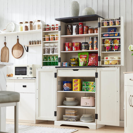 ACCOHOHO 72" Tall Kitchen Pantry, Farmhouse Storage Cabinet with Barn Doors, Organizer, Drawer and Adjustable Shelves, Rustic Wood Cupboard for Kitchen, Dining Room, Bathroom, Off White ACCOHOHO