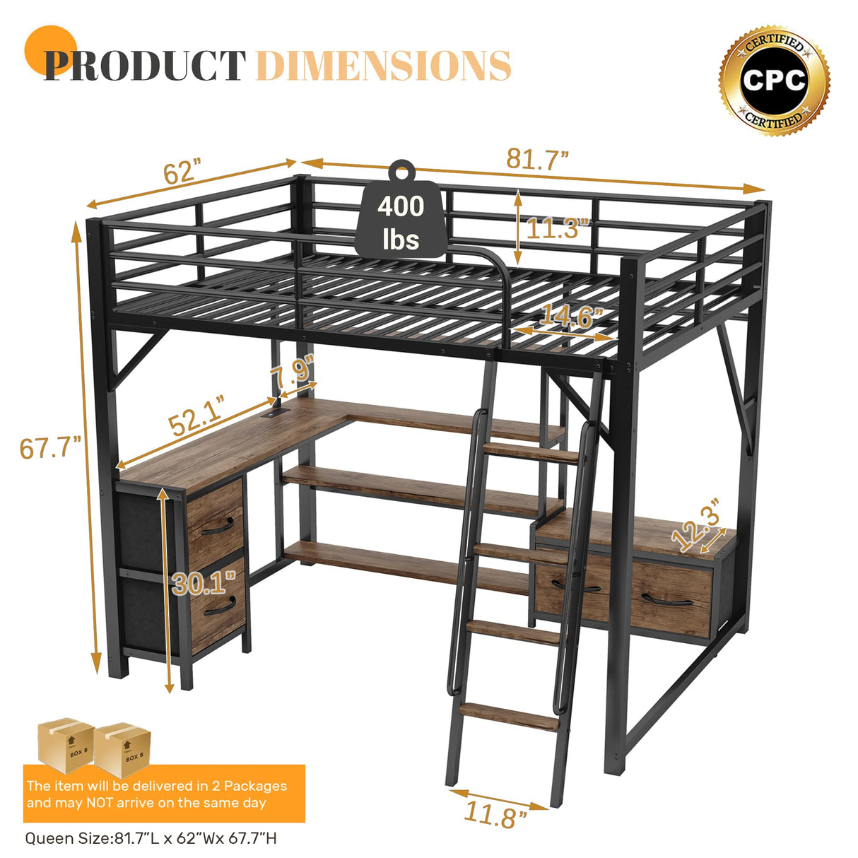 Loft Bed Queen Size with Desk and Charging Station, Metal Loft Beds Frame with LED Lights, Bookcase & 4 Fabric Storage Drawers & Bench, Adults Loft Beds with Wardrobe -Safety Guard & Ladder, Black Mirightone