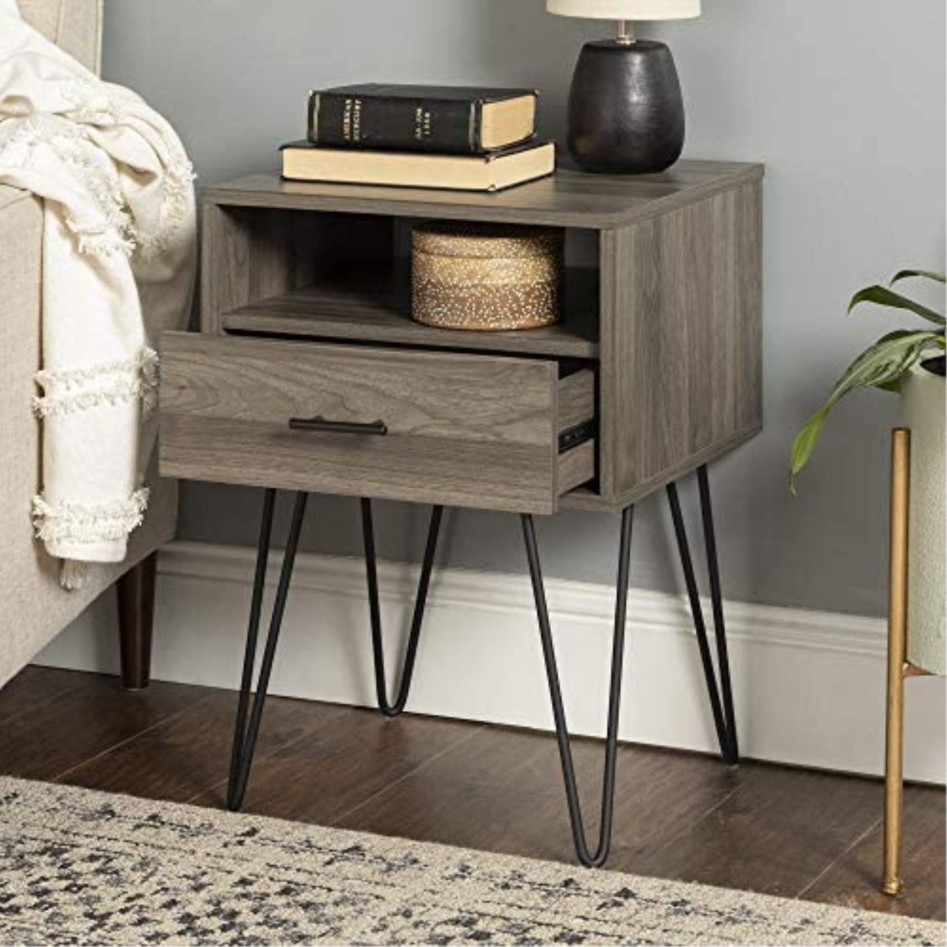 Walker Edison Modern Farmhouse Grooved Door Wood Side Accent Table Living Room Storage Small End Table With Cabinet Door, 18 Inch, Slate Grey - WoodArtSupply