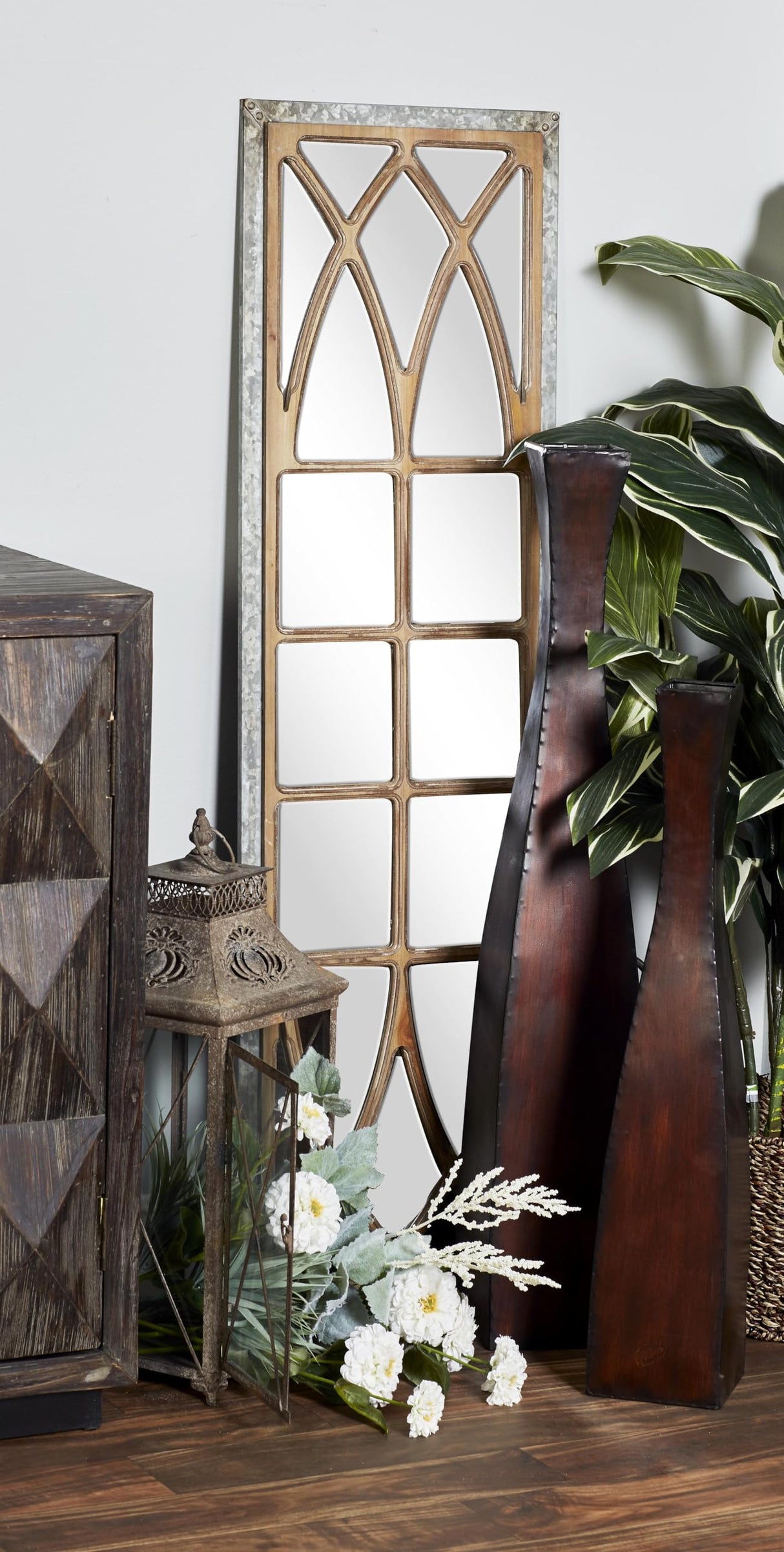 Deco 79 Wood Room Wall Mirror Window Pane Inspired Entryway Mirror, Wall Mounted Mirror 15" x 1" x 52", Brown Deco 79