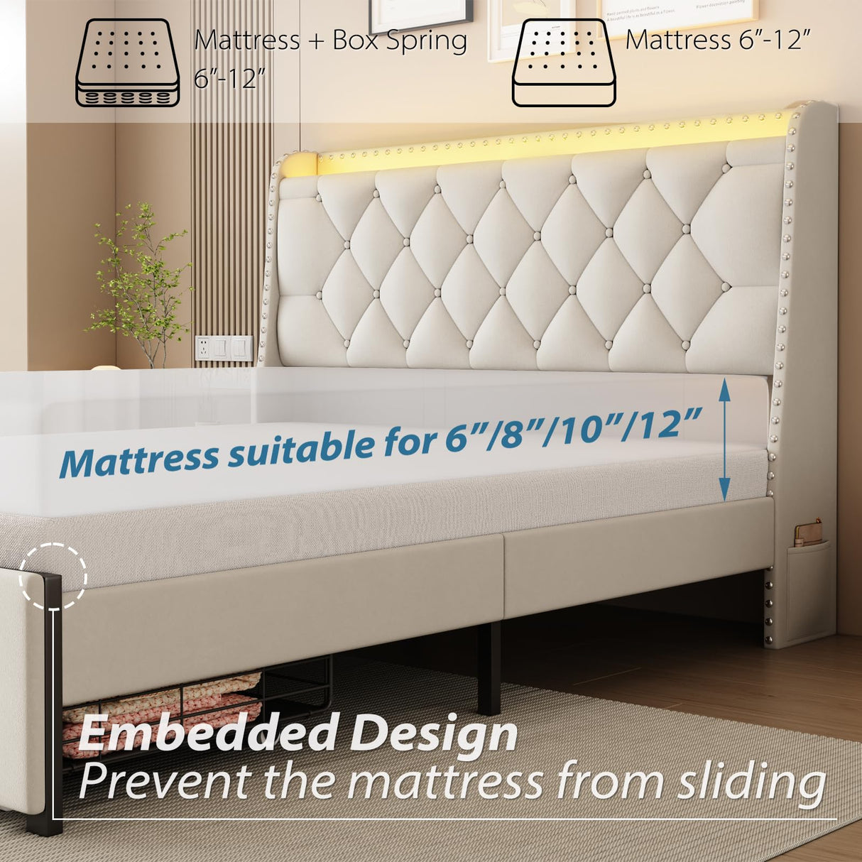 Etditrnp Full Bed Frame with Storage Drawers, LED Bed Frame with Charging Station, Velvet Button Tufted Upholstered Headboard, Wood Slats Support Noise-Free, No Box Spring Needed, Beige Etditrnp