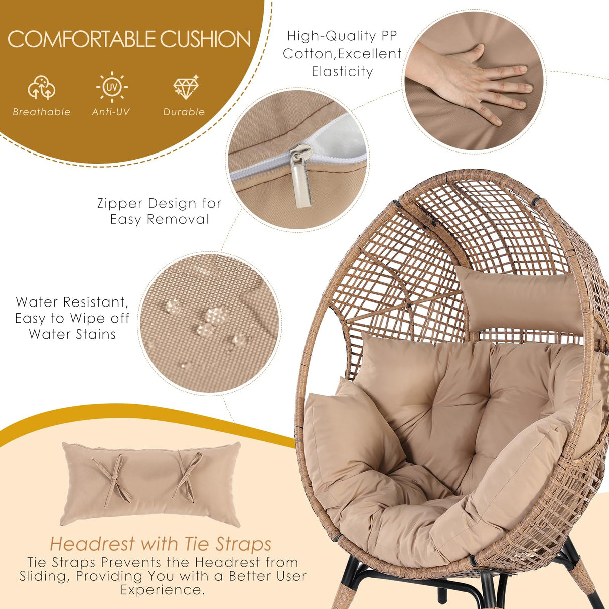 NICESOUL Egg Chair Indoor Outdoor, Large Egg Lounge Chair w/Ottoman, Oversized Comfy Cushioned Brid Cage Seat 440lbs, Boho Nest Seat with Footstool for Patio, Bedroom, Lawn, Backyard, Brown NICESOUL