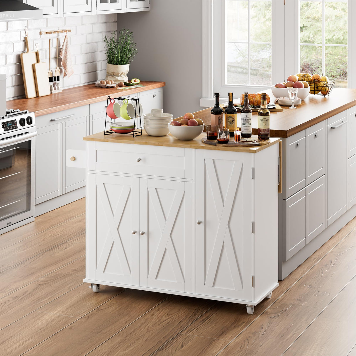 BOTLOG Kitchen Island with Storage, Island Table on Wheels with Drop Leaf, Spice Rack, Drawer, Towel Rack, Rolling Kitchen Island Cart for Dinning Room, White 15.7-27.55" D x 47.63" W x 35.43" H BOTLOG