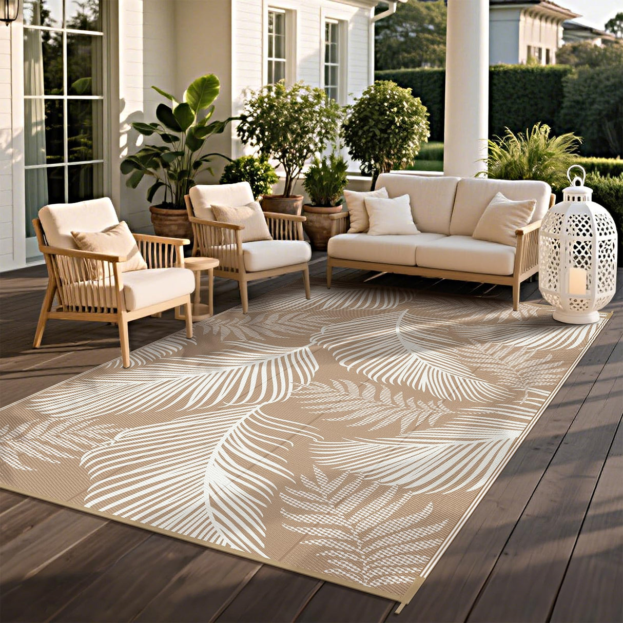 Pauwer Waterproof Outdoor Rug 5x8, Reversible Plastic Straw Patio Camping Rug, Indoor Outdoor RV Mat Carpet for Deck, Camper, Porch, Balcony, Backyard, Picnic, Leaf Brown Pauwer