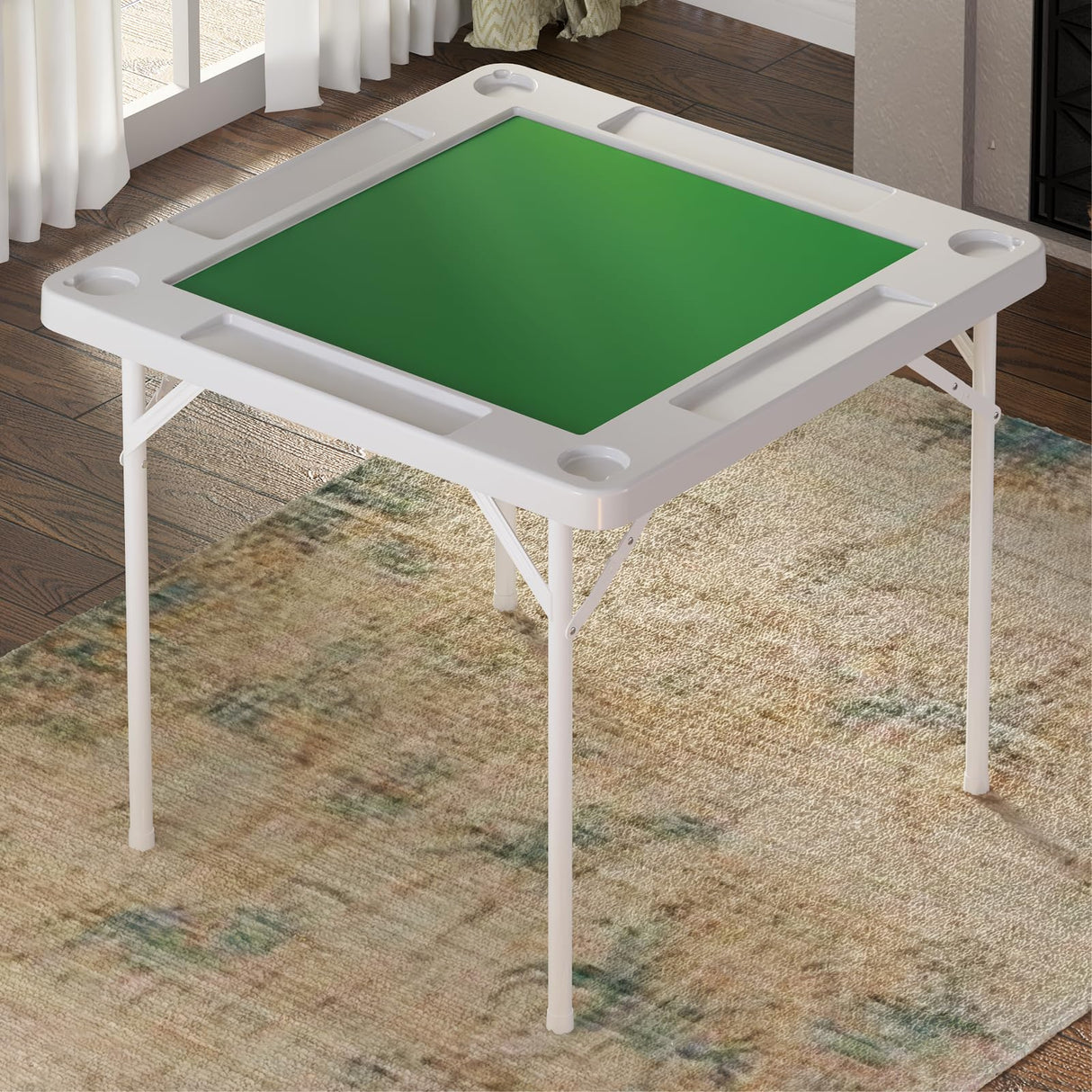 IWDOO 35.4" Square Folding Card Table, Mahjong Table with Green Felt，Chip Trays and Cup Holders, Portable Domino Tables for 4 Players, Card Game Tables for Mahjong Poker Domino Game IWDOO