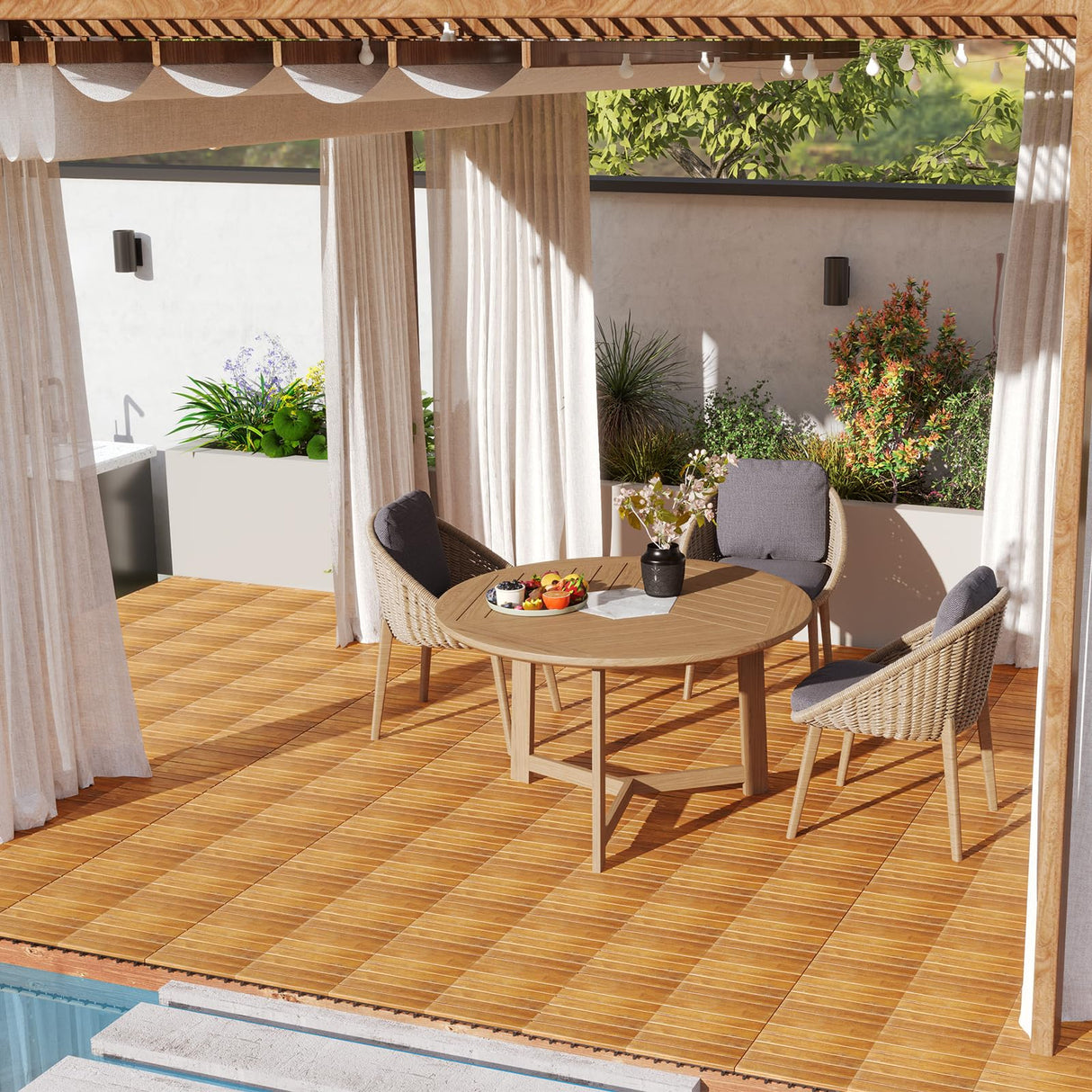 Tangkula 27 PCS Interlocking Deck Tiles, 12" x 12" Acacia Wood Floor Tiles for Patio, Balcony, Garden Indoor, 27 Sq. Ft Flooring Pavers Outdoor Waterproof, Tools Free Assembly (Stripe) Tangkula