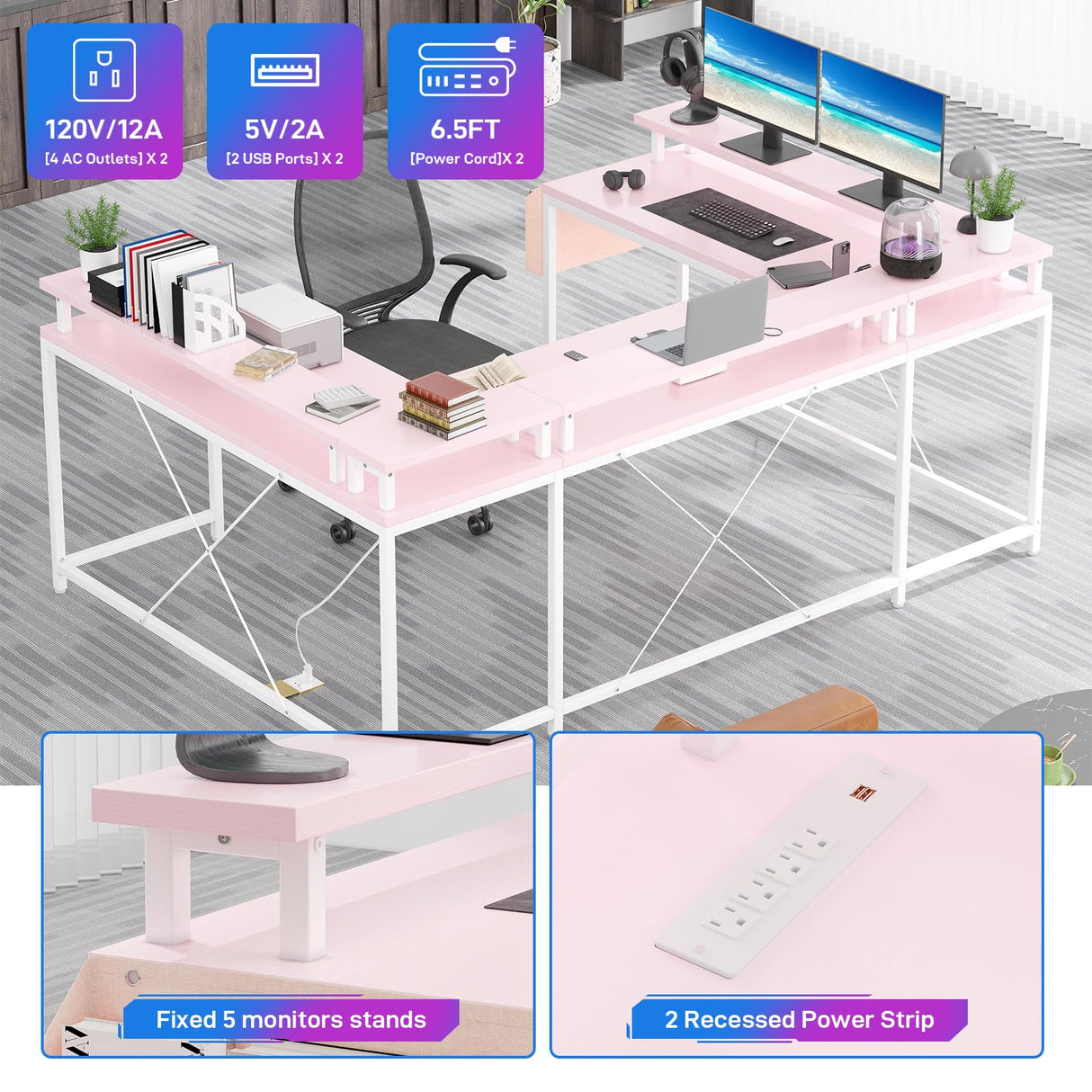 SunnyFurn U-Shaped Computer Desk, Reversible L-Shaped Gaming Table, Large Corner Table with LED Light Strip, Power Outlet, Monitor Stand, Storage Shelf for Home Office Dorm Sturdy Writing Workstation SunnyFurn