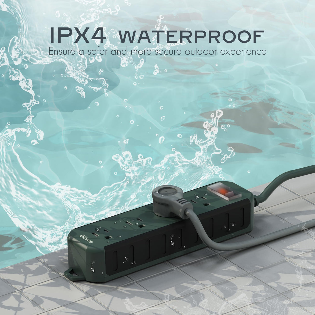 Outdoor Power Strip Weatherproof, 50 FT Extension Cord, Diivoo Waterproof Surge Protector with 4 Outlets, 1250W Shockproof Overload Protection, Flat Plug, Wall Mountable for Patio Christmas Lights Diivoo