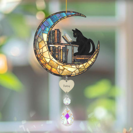 Black Cat and Bookshelf Suncatcher - Black Cat Reading a Book on The Moon Suncatcher, Bookworm Ornament with Crystal Suncatchers, Pet Memorial Gifts for Women, Gift for Book Lovers and Pet Owner. BOBI CARE