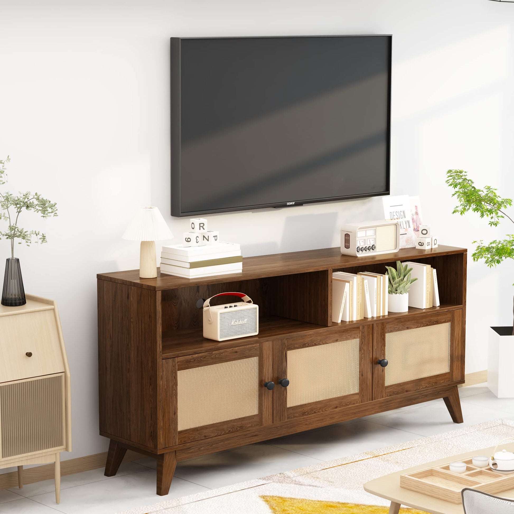 AWQM TV Stand for Living Room, Mid Century Modern TV Console, Rattan Entertainment Center with Storage and Open Shelves, Walnut - WoodArtSupply