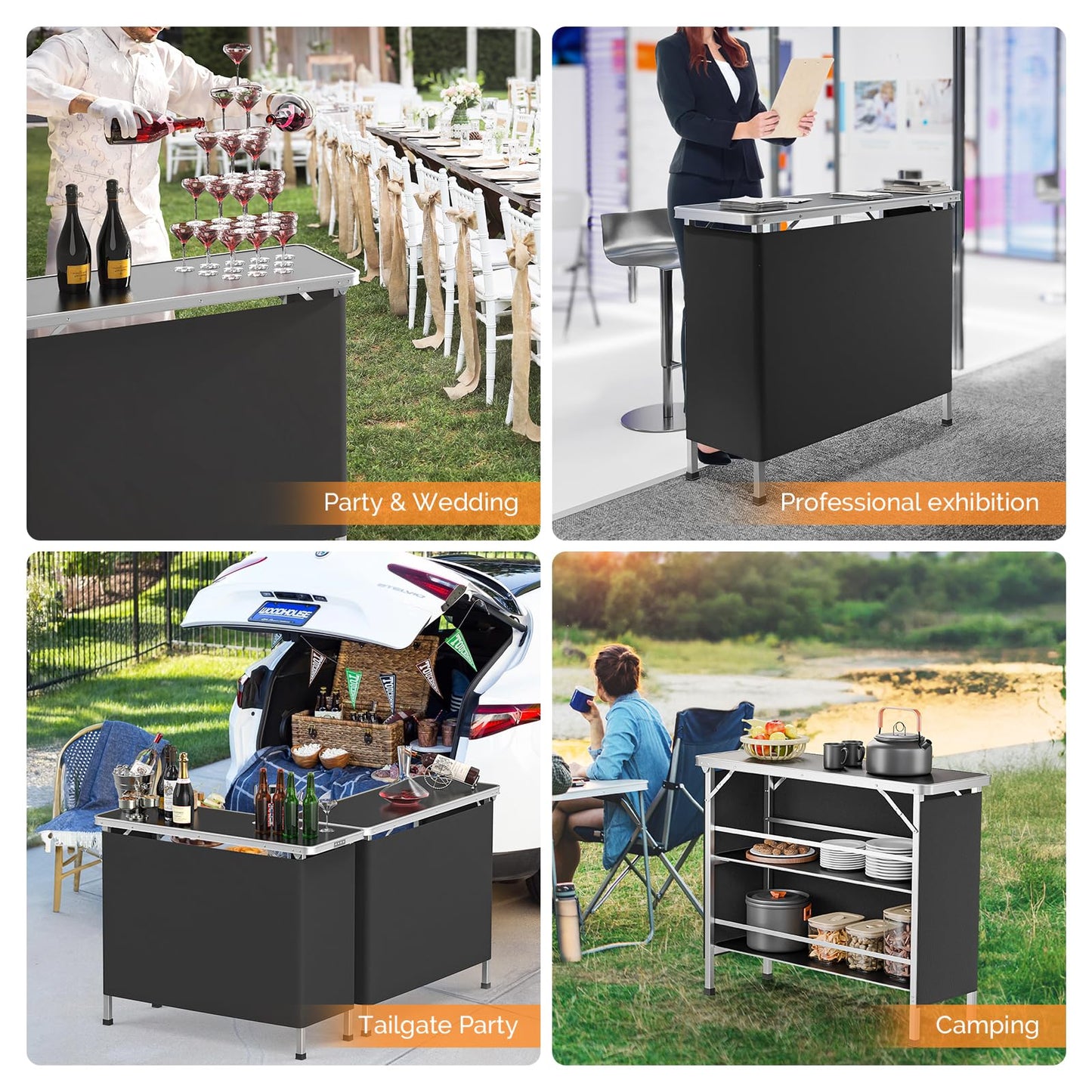 VINGLI 43" Foldable Portable Bar Table with 3-Tier Shelves for Events and Outdoor Use - WoodArtSupply