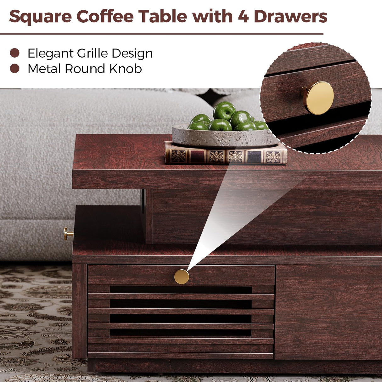 IRONCK Coffee Table with LED Light and Charging Station, 4 Storage Drawers with Grille Design, Square Coffee Table for Living Room Office Reception Room (Walnut) IRONCK