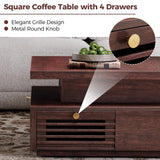IRONCK Coffee Table with LED Light and Charging Station, 4 Storage Drawers with Grille Design, Square Coffee Table for Living Room Office Reception Room (Walnut) IRONCK