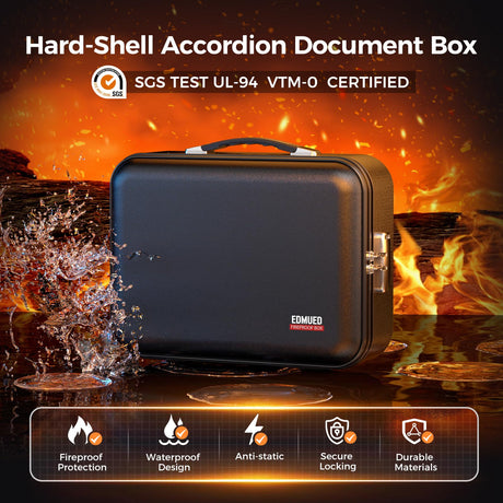 EDMUED Fireproof Document Box with Combination Lock, Fireproof Water Resistant Hard Case Safe Box for Important Documents Certificates Laptop Passports (Black) EDMUED