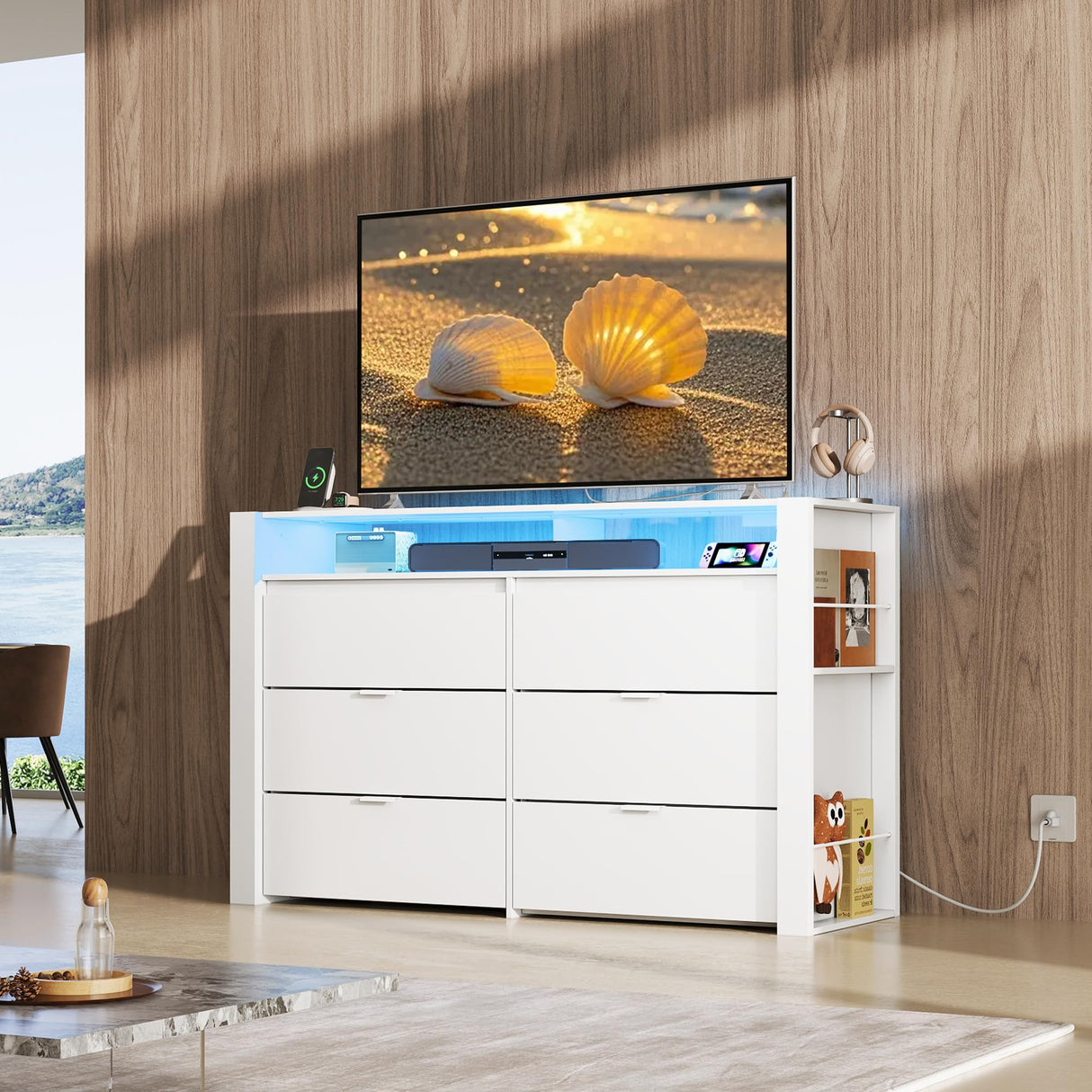 WLIVE 6 Drawer Led Dresser for Bedroom, 50.79'' White Wood Dresser Storage Organizer with Power Outlets for 55'' TV, Dressers with Open Shelves, Hanging Rack, Chest of Drawers for Closet, Living Room WLIVE