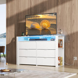 WLIVE 6 Drawer Led Dresser for Bedroom, 50.79'' White Wood Dresser Storage Organizer with Power Outlets for 55'' TV, Dressers with Open Shelves, Hanging Rack, Chest of Drawers for Closet, Living Room WLIVE