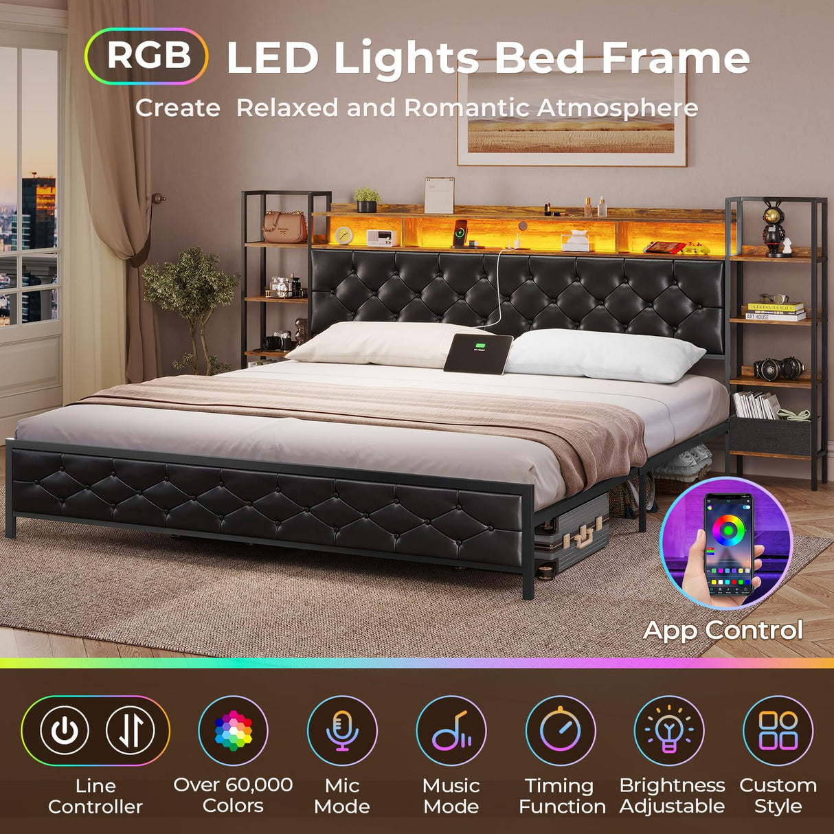 DICTAC King Size Metal Bed Frame with Smart Charging Headboard, Storage Shelves, and LED Lighting DICTAC