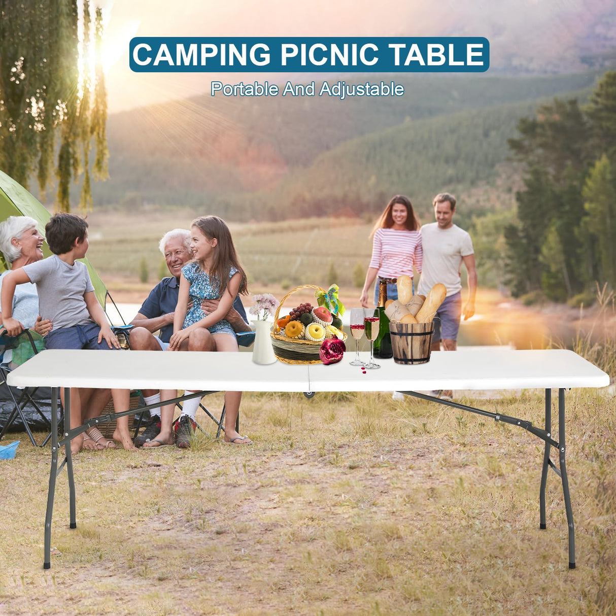 Ruesleag 8FT Folding Table Plastic Camping Table Portable Picnic Table for Easy Storage, Ideal for Outdoors Camping, Picnics, Parties Wedding & Indoor Events with Carrying Handle,White Ruesleag