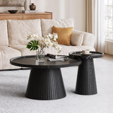 win2win Nesting Coffee Table Set of 2, Mid Century Modern Coffee Table with Marble Veneer, Fluted Round Tea Table and End Table Set, Minimalist Center Tables for Living Room, Office, Black win2win