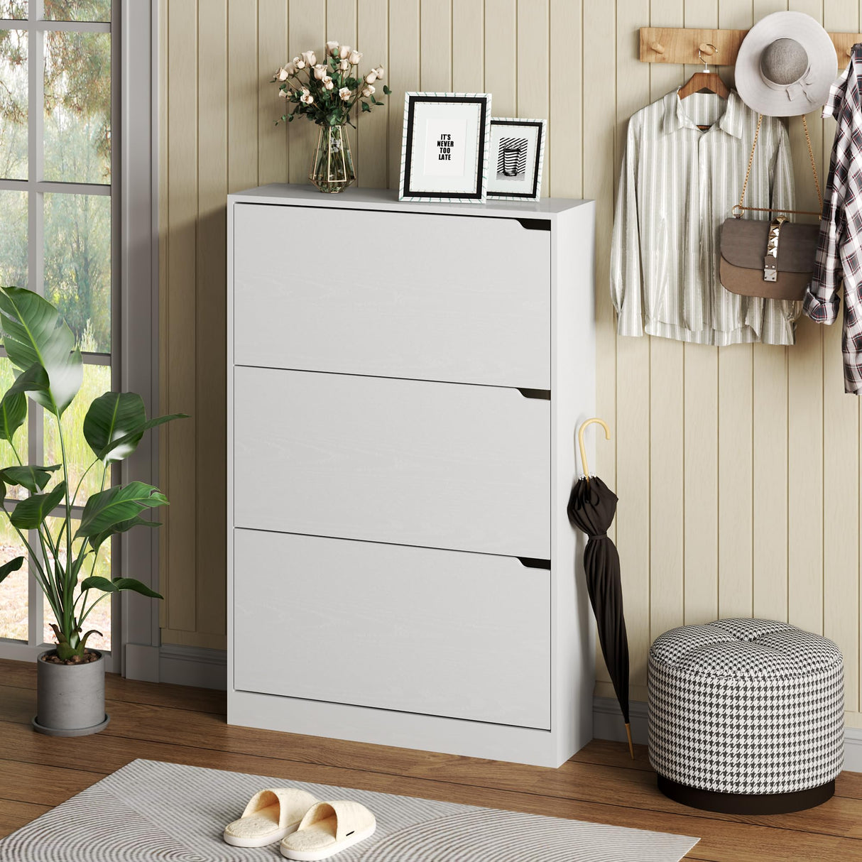 BORNOON Shoe Cabinet with 3 Flip Drawers, Hidden Wood Shoe Cabinet,Freestanding Shoe Storage Cabinet for Entryway Hallway.White. 47.2" H*31.5" W*9.25" D. BORNOON