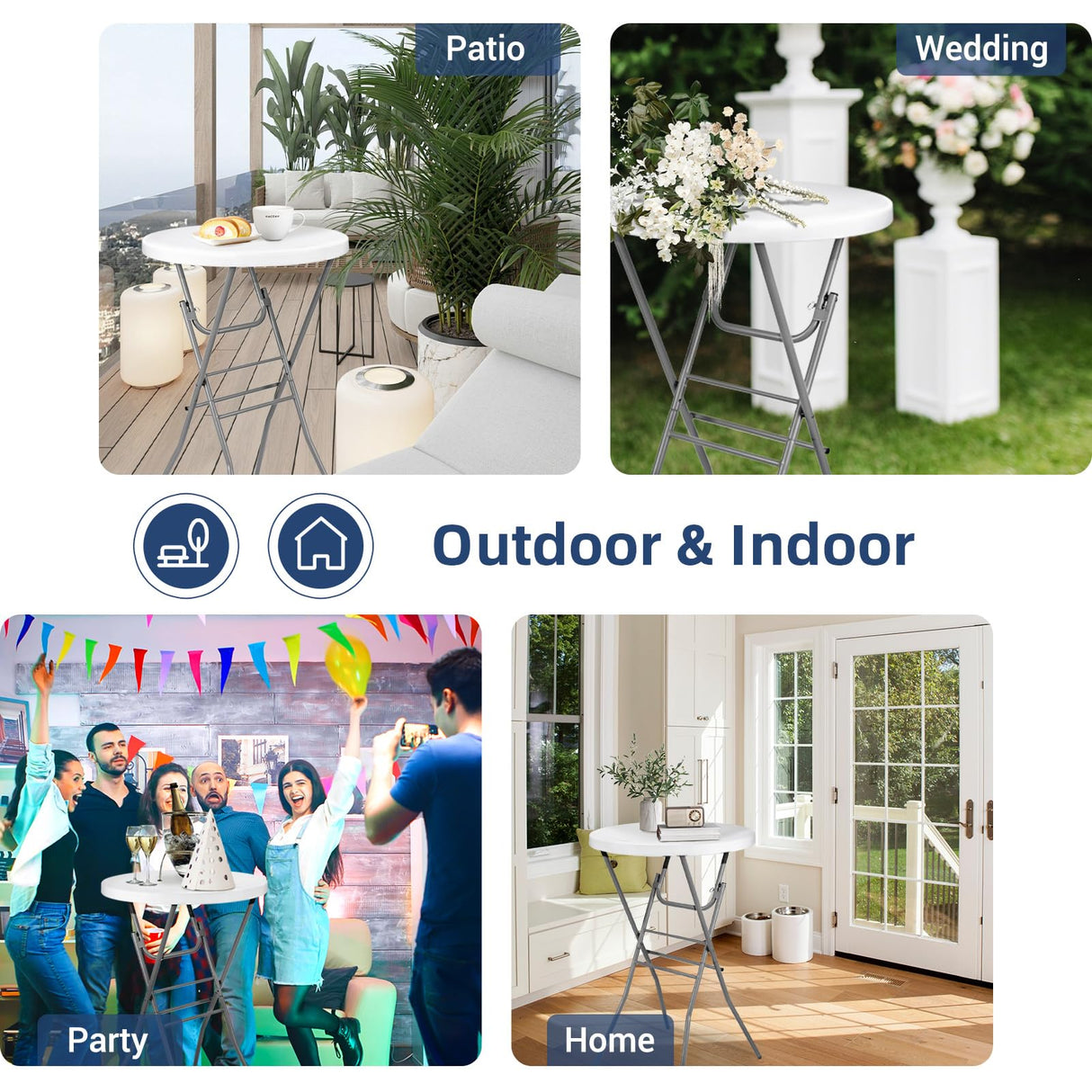 Byliable Cocktail Table 28in Folding Round High Top Indoor Outdoor with Removable Legs, Tall Bistro Foldable Bar Height Table for Parties, Patio, Backyard, Dining, Wedding, White- 2PCS Byliable