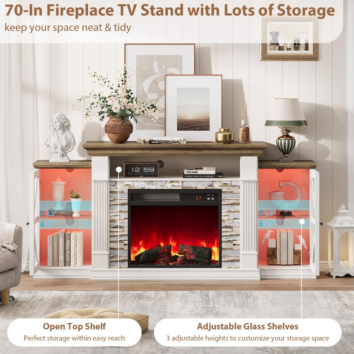 QUW Electric Fireplace TV Stand, 70" Farmhouse Entertainment Center with Open Shelf and Glass Barn Door Cabniet, Modern TV Console Table with 7 Flame Colors for Living Room, Antique White QUW