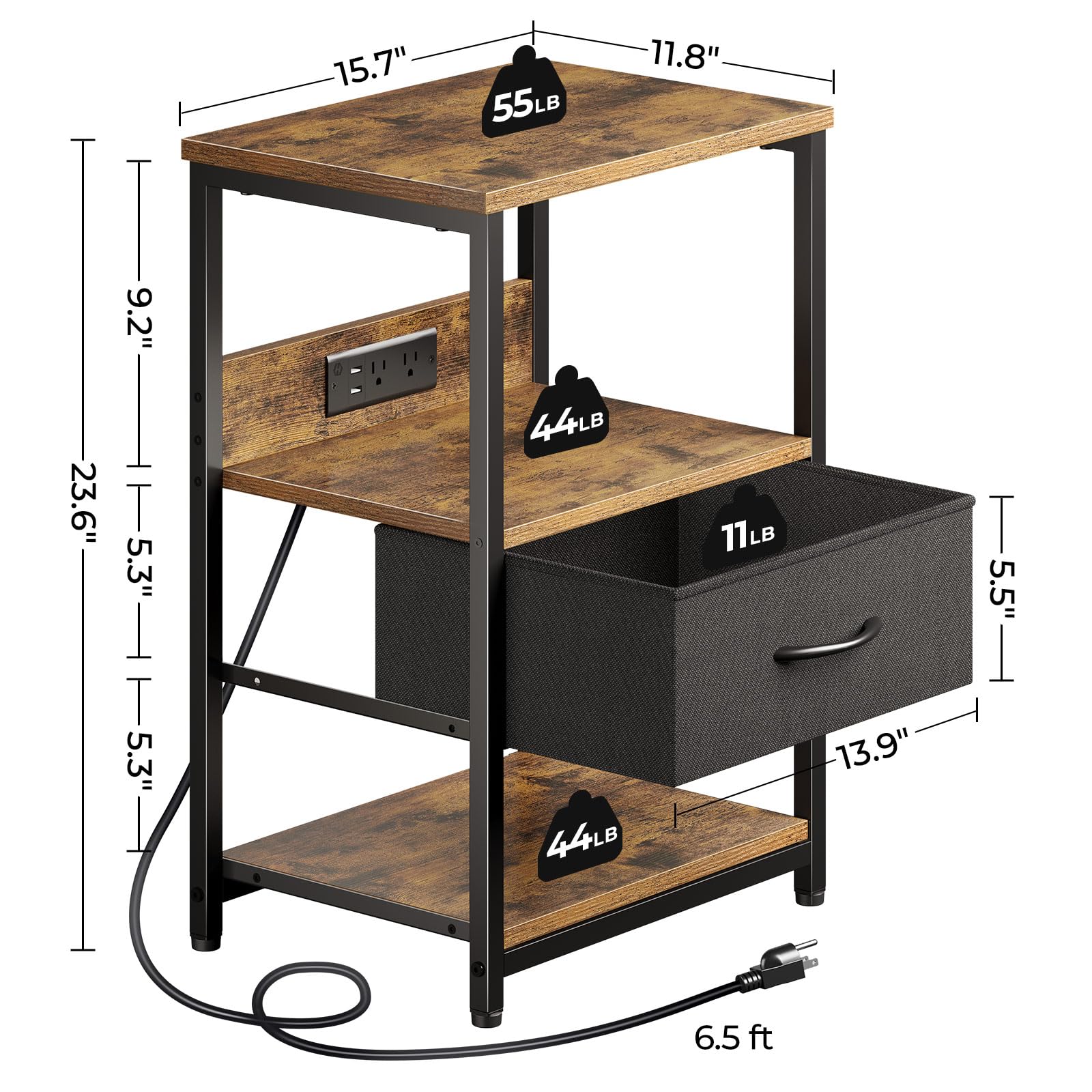 Seventable Nightstand with Charging Station, LED Bedside Table with Adjustable Fabric Drawer, Night Stand with Storage, 3-Tier Bed Side Table, End Table for Bedroom, Living Room, Rustic Brown - WoodArtSupply