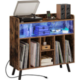 YITAHOME Record Player Stand with Power Outlets and LED Lights Holds Up to 130 Albums, Record Player Table with Storage, Vinyl Record Storage with Solid Legs for Living Room, Bedroom, Brown YITAHOME