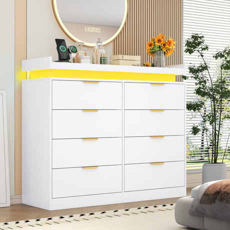 knoworld 8 Drawer Dressers for Bedroom, White Dresser with LED Lights and Power Outlet, Wood LED Dresser, Double Wide Modern Chest of Drawers for Bedroom, Entryway, Hallway knoworld