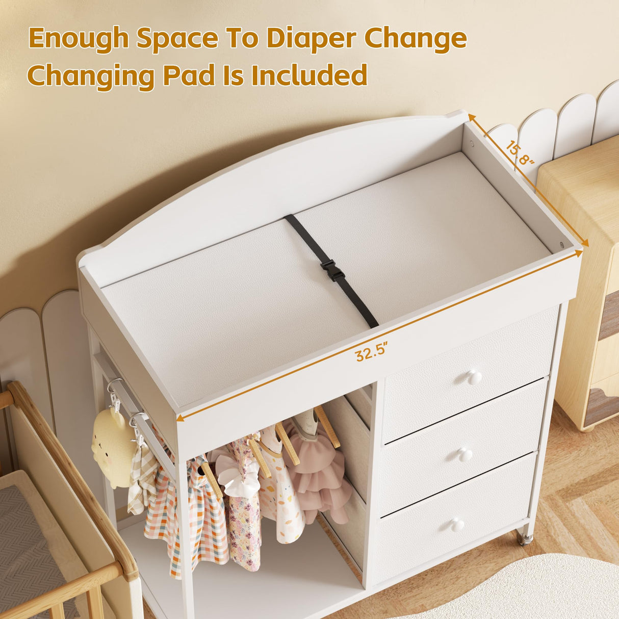 DTK Changing Table Dresser with Clothing Rack and Storage Shelf,3-Drawer Baby Dresser with Changing Table Top,Diaper Changing Station with Waterproof Pad,Mobile Dresser for Nursery,White DTK